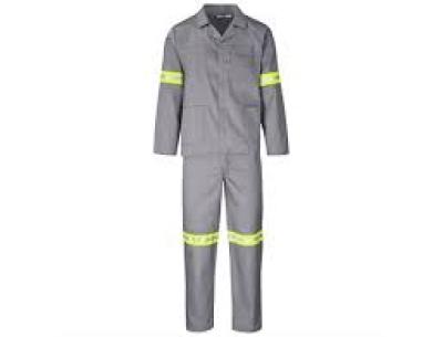 Twill Grey Overalls With Green Reflective Tape And Company Logo Medium